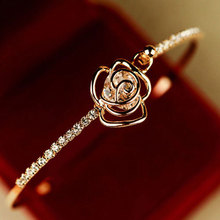 1PC Women's Camellia Rose Gold Crystal Rhinestone Cuff Bangle Bracelet Wedding Party Gift Charming Cute Bangle 2024 - buy cheap