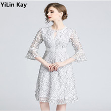 YiLin Kay 2019 высококачественное новое модное осеннее подиумное Платье женское кружевное платье с вырезами 2024 - купить недорого