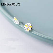 LINDAJOUX стерлингового серебра 925 пробы милые желтые эмаль в форме лимона серьги гвоздики для женщин стерлингового серебра-ювелирные изделия серьги-шпильки 2024 - купить недорого