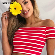 NEEDBO Sexy Crop Top t shirt Women Mujer Striped Funny Casual Off Shoulder Summer Tshirts for Women Slim Slash Neck Crop Tops 2024 - buy cheap