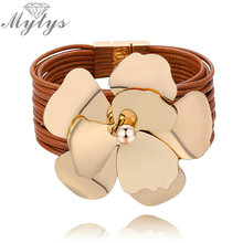 Mytys-Cadena de cuerda multicapa con flor de Metal grande, pulsera ancha de cuero, joyería de moda para imán de mujeres, pulsera de cierre B1099 B1100 2024 - compra barato