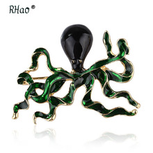 RHao Vivid Black Enamel Green Octopus animal Brooch pins Women Men Kids Squid Fish Brooch Corsage Clothes accessories scarf pins 2024 - buy cheap