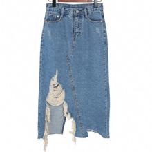 Женская джинсовая юбка с дырками, карманами и высокой талией, синяя джинсовая юбка на весну и лето 2024 - купить недорого