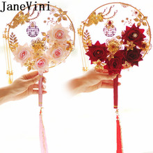JaneVini элегантный китайский свадебный букет с жемчугом, Искусственный Розовый, красная роза, свадебный веер, аксессуары для свадьбы 2024 - купить недорого