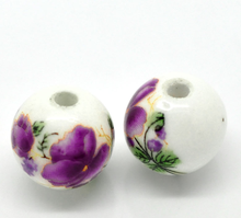 Doreen Box hot-  30PCs Purple Flower Pattern Round Ceramic Beads 12mm( 4/8")Dia. (B20817) 2024 - buy cheap