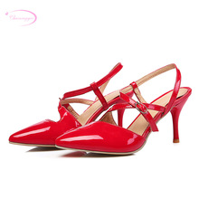 Chainingyee-Sandalias de charol con punta puntiaguda para mujer, zapatos femeninos de tacón alto, color rojo, blanco, albaricoque 2024 - compra barato