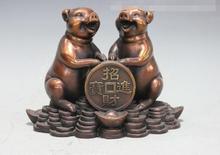 China feng shui zodiac ano dinheiro riqueza dois porco bronze estátua animal de cobre 2024 - compre barato