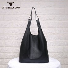 Ladies Black Real Large Leather Shoulder Bag Women Casual Vintage Soft Cowhide Handbag Bucket High Quality Shoulder Bags 2024 - buy cheap