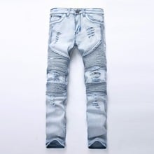 New Fashion Men jeans Washed Light blue Moto Denim Pants Ripped Rider Biker Jeans Motorcycle Hip Hop For Skinny Stretch Hip Hop 2024 - buy cheap