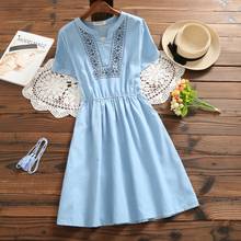 8370# 2018 Summer New Women Fashion Literary Short-sleeved V-neck Cotton Denim Embroidered Dress Casual Dress Female Vestidos 2024 - buy cheap