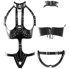 Metal Rivet Leather Set Harness Bra Women Punk Gothic Strap Cage Body Corset Adjustable Pcrotchless Panties Party Rave Wear 2024 - buy cheap