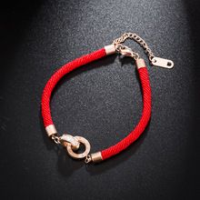 YiKLN Fashion Titanium Steel Charm Bracelet Rose Gold Red Rope Double Circle CZ Crystal Roman Numeral Bracelet Jewelry YB18148 2024 - buy cheap