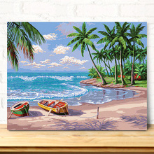 MaHuaf-A065 pintura a óleo para decoração de casa, barco de praia, azul, céu, branco, nuvem, coqueiro, faça você mesmo, pintura digital a óleo em tela 2024 - compre barato