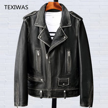 TEXIWAS-Chaqueta de motorista Vintage para hombre, 100% de cuero de vaca, ovino genuino, ropa de exterior, top bomber, chaqueta con cremallera, Primavera 2024 - compra barato