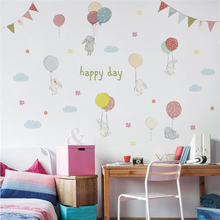 Adesivo de parede flores com balão, desenho de coelho, nuvem, decoração de quarto, berçário, animal, decalque de parede, mural de pvc, arte, pôster, diy 2024 - compre barato