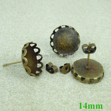 Brincos antigos de bronze, 14mm, conjunto de brincos em branco, base redonda, poste com apoio para trás, descobertas, atacado 2024 - compre barato