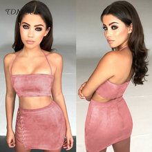 Sexy Women Suede Leather Lace Up 2 Piece Sets Tops Skirt Strapless Halter Neck Bandage Hollow Out Zipper Split Party Costumes 2024 - buy cheap