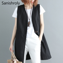 Sanishroly New Women Long Black Vest Spring Autumn V-Neck Cotton Linen Vest Coat Female Sleeveless Waistcoat Jacket Outwear S634 2024 - compre barato