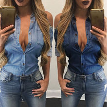 Novo top feminino casual de camiseta com decote em v, imitação de jeans, blusa solta com ombro de fora e manga longa, 2018 2024 - compre barato
