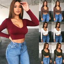 Summer Womens Off Shoulder Crop Tops Long Sleeve Tee Top Round Neck Slim Solid Color T-Shirts Casual 2019 New 2024 - buy cheap