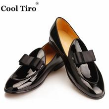 Cool Tiro Men Loafers Black Patent Leather Moccasins Man Slippers Bow Tie Men's Dress Shoes Wedding Flats Casual slip on Shoes 2022 - buy cheap