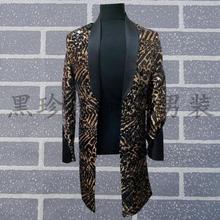 Gold Leopard Print Men Long Suits Designs Stage Costumes For Singers Men Sequin Blazer Dance Clothes Jacket Star Style Dress 2024 - buy cheap