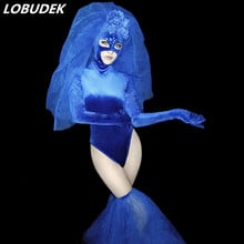 Синий костюм с кристаллами и цветами, маска для ночного клуба, Женская ведущая танцевальная одежда для сцены, для вечеринок, шоу, командного представления, танцевальный костюм 2024 - купить недорого