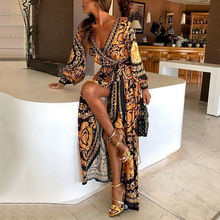 Boho Fashion Elegant Women Sexy Deep V Neck Print Long Lantern Sleeve Party Dress Formal Long Dress Sexy Clubwear Holiday Dress 2024 - buy cheap