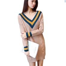 V collar college wind casual knit hit color loose long-sleeved fashion women spring and autumn new sweater dress 2024 - buy cheap