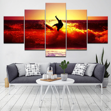 Ocean Sea Surfing Red Sunset Waves 5 Piece Wallpapers Art Canvas Print modern Poster Modular art painting Living Room Home Decor 2024 - buy cheap
