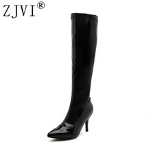 Zjvi botas femininas de couro artificial, sapatos de cano alto da coxa, femininas, salto alto fino e preto, outono e inverno, 2021 2024 - compre barato