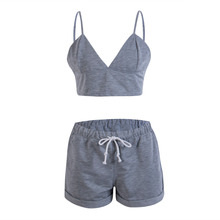 Colete curto pijama feminino cinza sem mangas, 2 peças, tops e shorts de algodão, blusas curtas, agasalho de dormir para meninas 2024 - compre barato