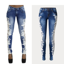 Jeans feminino cintura média com renda vazada costura moda calça justa extensível justa jeans sexy para mulheres 2024 - compre barato