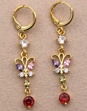 Pendientes bohemios para mujer, aretes de mariposa llenos de oro con circonitas de gota de agua de arcoíris rojo rosa, pendientes largos bohemios 2024 - compra barato