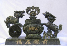 song voge gem S0695 11 Chinese superb Green Jade Fengshui Two Beast Fu Foo Dog Lion Money bat Statue 2024 - buy cheap