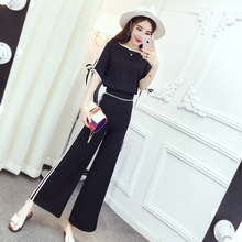 Set female 2019 summer new fashion temperament short-sleeved clothes + high waist wide leg pants elegant two-piece striped suit 2024 - buy cheap