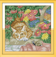Kit de punto de cruz de gato y caracol, lienzo preestampado de 14ct y 11ct, bordado de amantes de animales, costura hecha a mano DIY 2024 - compra barato