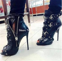 Brand Design Women Fashion Peep Toe Black Leather Buckle Thin Heel Short Boots Zipper-up Metal High Heel Ankle Booties 2024 - buy cheap