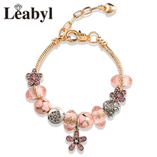 Leabyl pulseira clássica com pingentes de flor de cristal rosa, bracelete feminino ajustável de ouro rosa com contas de lagosta na moda, presente para meninas 2024 - compre barato