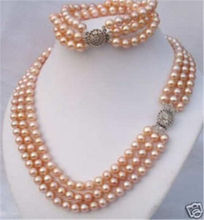 !  beautiful fashion  2015 new fashion  3 Rows 8mm Pink Shell Pearl Necklace Bracelet  set     JT6792 2024 - buy cheap
