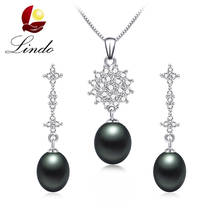 Lindo Fashion Zircon Real Natural Freshwater Pearl Jewelry Sets For Women Luxury Wedding Silver 925 Earrings Necklace 8-9mm 2024 - buy cheap