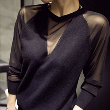 2019 Women Autumn Sexy Mesh Splice Tops O-Neck Long Sleeve Casual Solid Slim See Through Ladies Shirts Clothing Plus Size 3XL 2024 - buy cheap