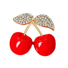 OneckOha Red Enameled Cherry Brooches Rhinestone Fruit Plant Pin Women's Garment Accessories 2024 - buy cheap