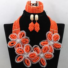 Splendid Orange African Coral Flower Beads Jewelry Sets Latest Nigerian Wedding Bridal Beads Jewelry Set Free Shipping QW355 2024 - buy cheap