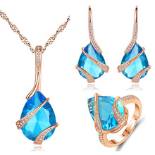 MOONROCY Rose Gold / Silver Color Blue Necklace Earrings Rings Jewlery Set Crystal Chokers for Women Wholesale Dropshipping Gift 2024 - buy cheap