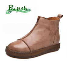 PEIPAH Vintage Handmade Women Genuine Leather Ankle Boots Sewing Flat With Cow Leather Martins Boots Woman Botas Mujer 2024 - buy cheap