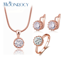 MOONROCY Free Shipping Fashion CZ Crystal Necklace Earrings and Ring Rose Gold Color Wedding Jewelry Set for Women Choker 2024 - buy cheap
