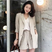 2 piece outfits for women suit female summer business OL linen temperament striped jacket + shorts casual fashion suit 2024 - buy cheap