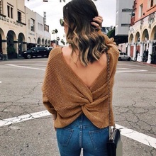 Women V-neck Backless Sweaters Reversible Long Sleeve Cross Tie Knot Sexy Knitted Tops Short Knitting Pullovers Jumpers 2024 - buy cheap