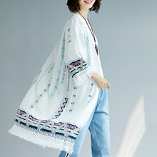 Bohemian Style Long Kimono Cardigan Women Artificial Cotton Summer Cardigans Ethnic Print Crochet Hem Tassel Fringed Cardigans 2024 - buy cheap